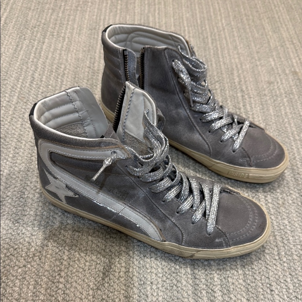 Gray Golden Goose Slide High-Top Sneakers with Silver Accents